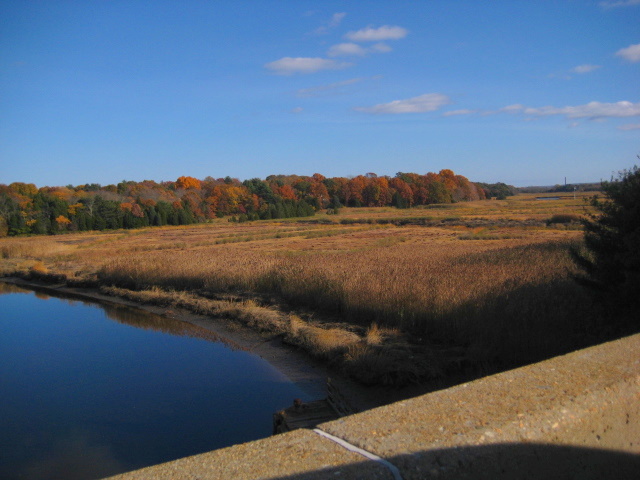 The Jones River winding through marshland near Kingston Bay in Kingston, Massachusetts